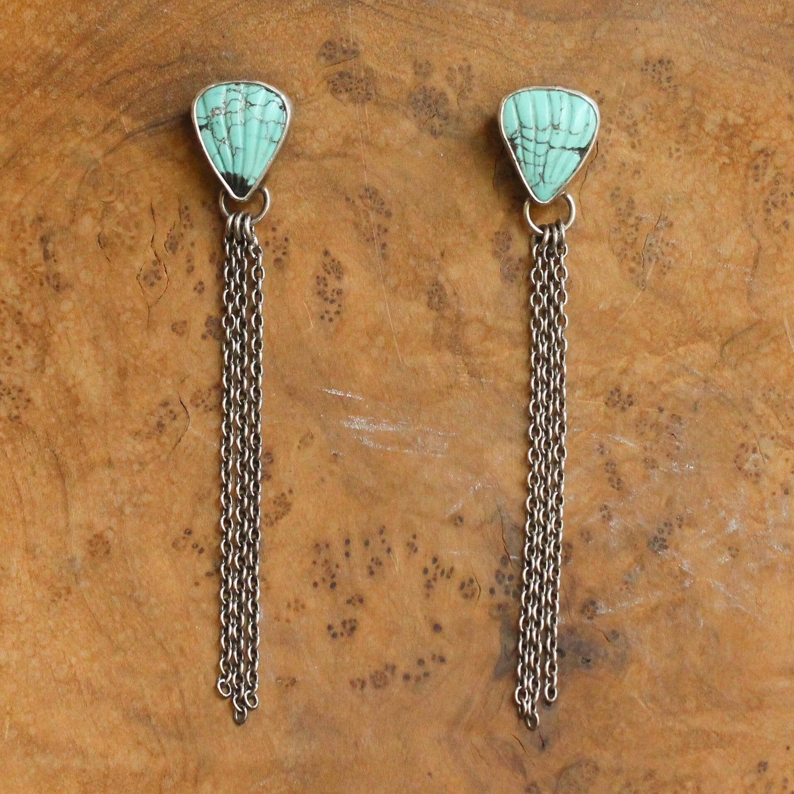 Long Turquoise Chain Earrings - .925 Sterling Silver - OOAK