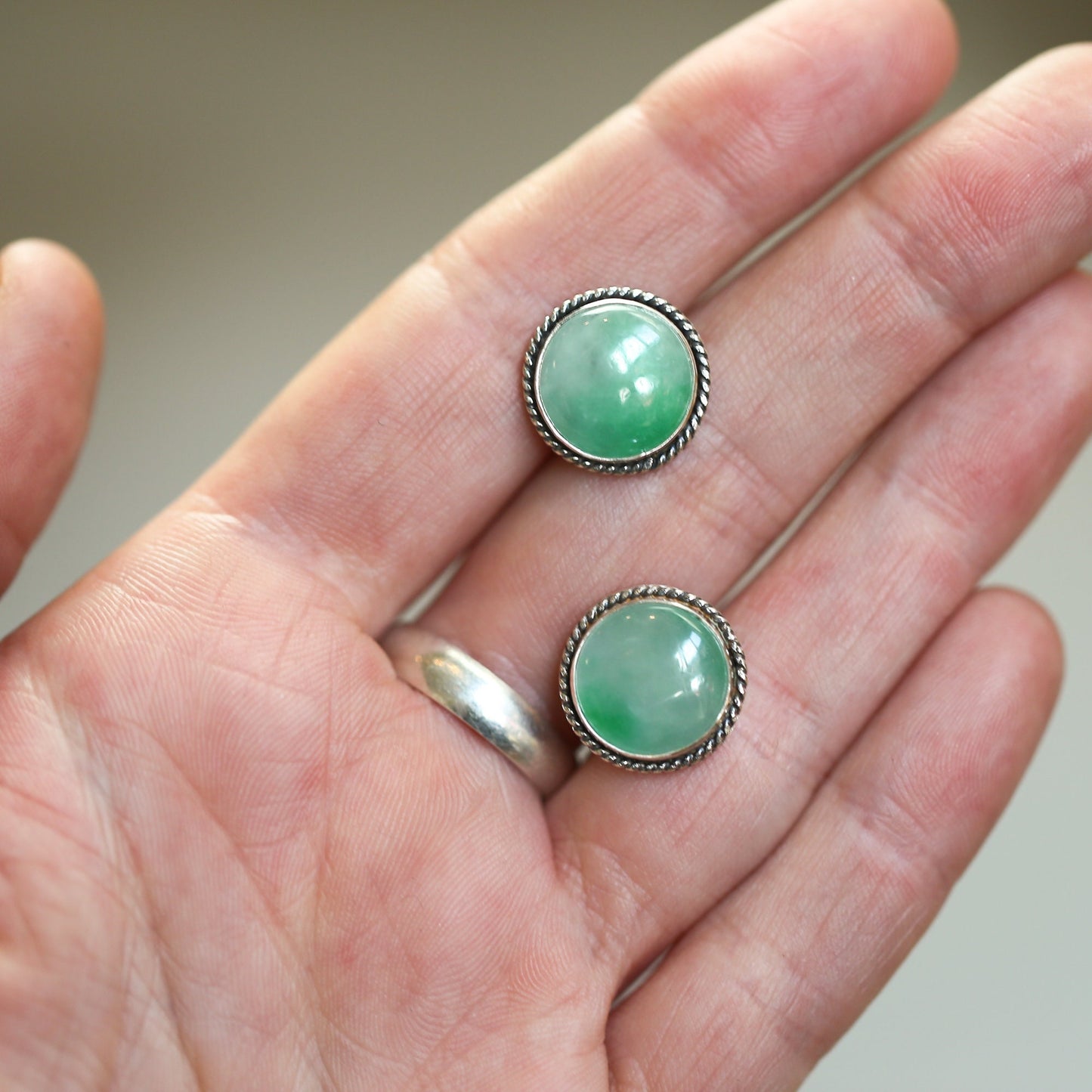 Burma Green Jade Earrings – Sterling Silver Posts, Traditional Design