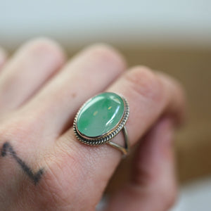Green Jade Boho Ring - Natural Burma Jade - .925 Sterling Silver