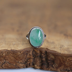 Green Jade Boho Ring - Natural Burma Jade - .925 Sterling Silver