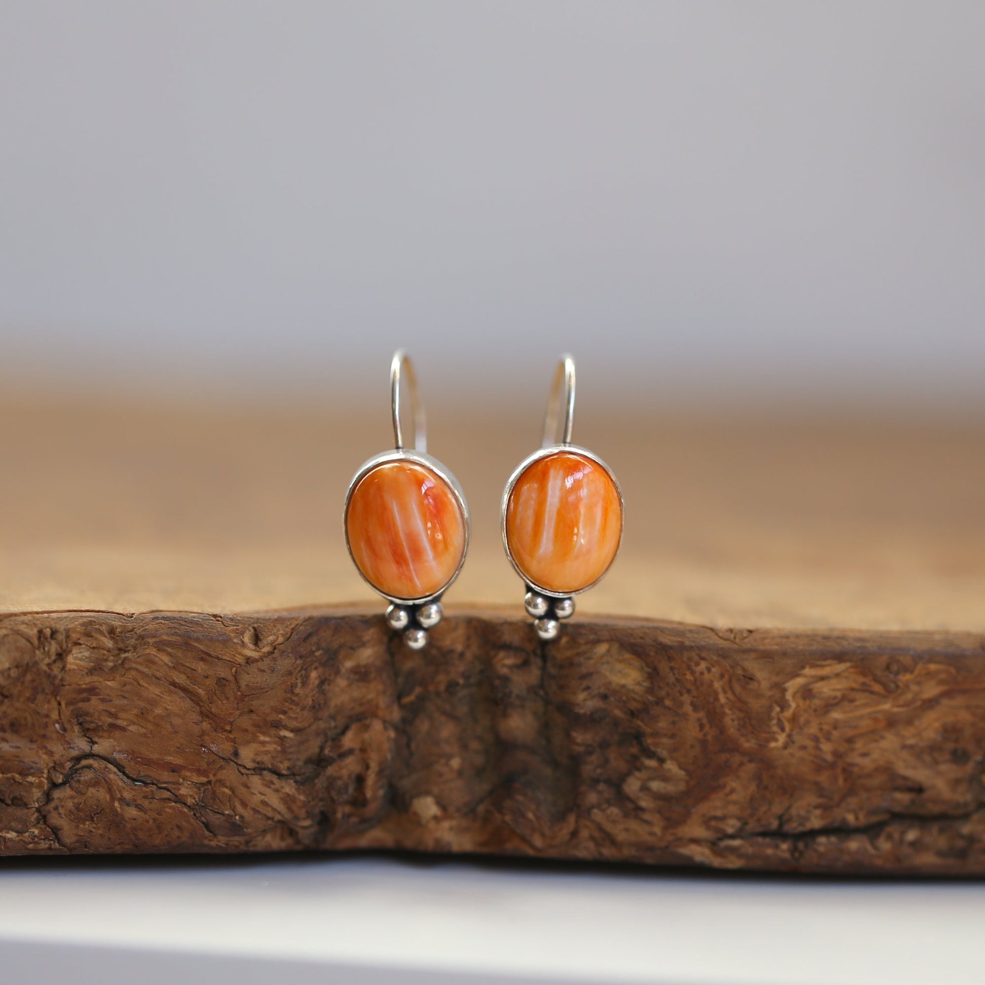Spiny Oyster Sterling Silver Drop Earrings - Orange Red Jewelry