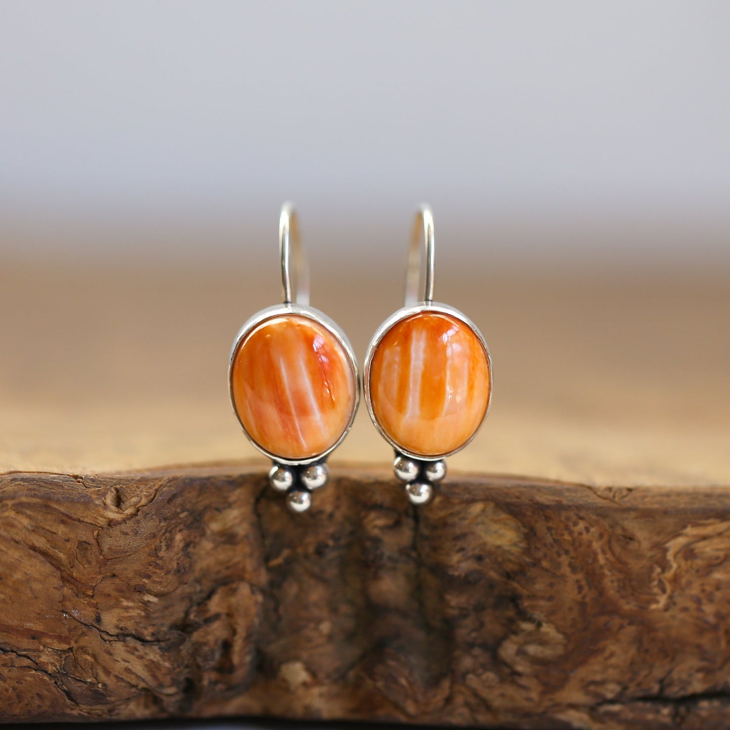Spiny Oyster Sterling Silver Drop Earrings - Orange Red Jewelry