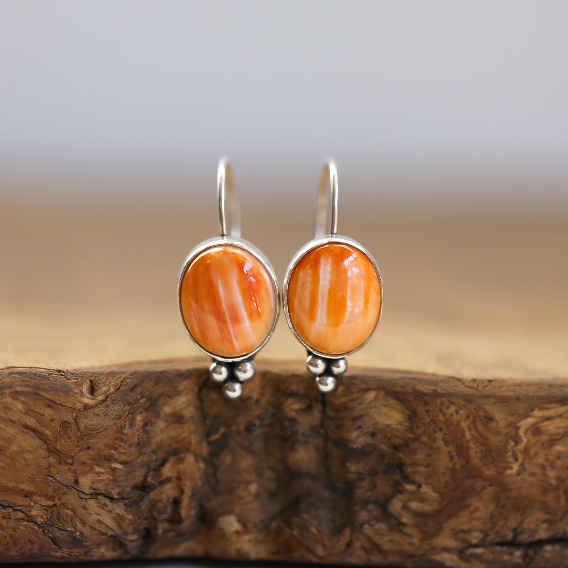Spiny Oyster Sterling Silver Drop Earrings - Orange Red Jewelry