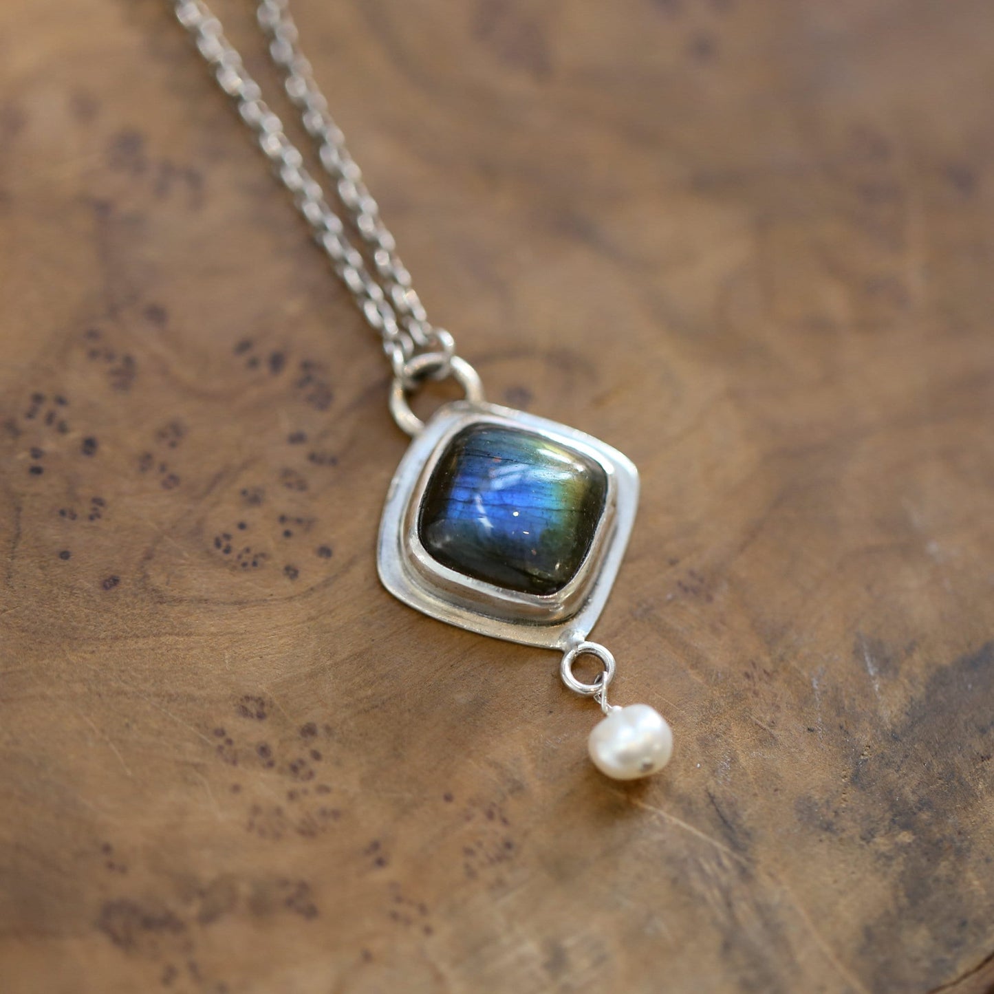 Labradorite Freshwater Pearl Necklace - Sterling Silver Chain Included