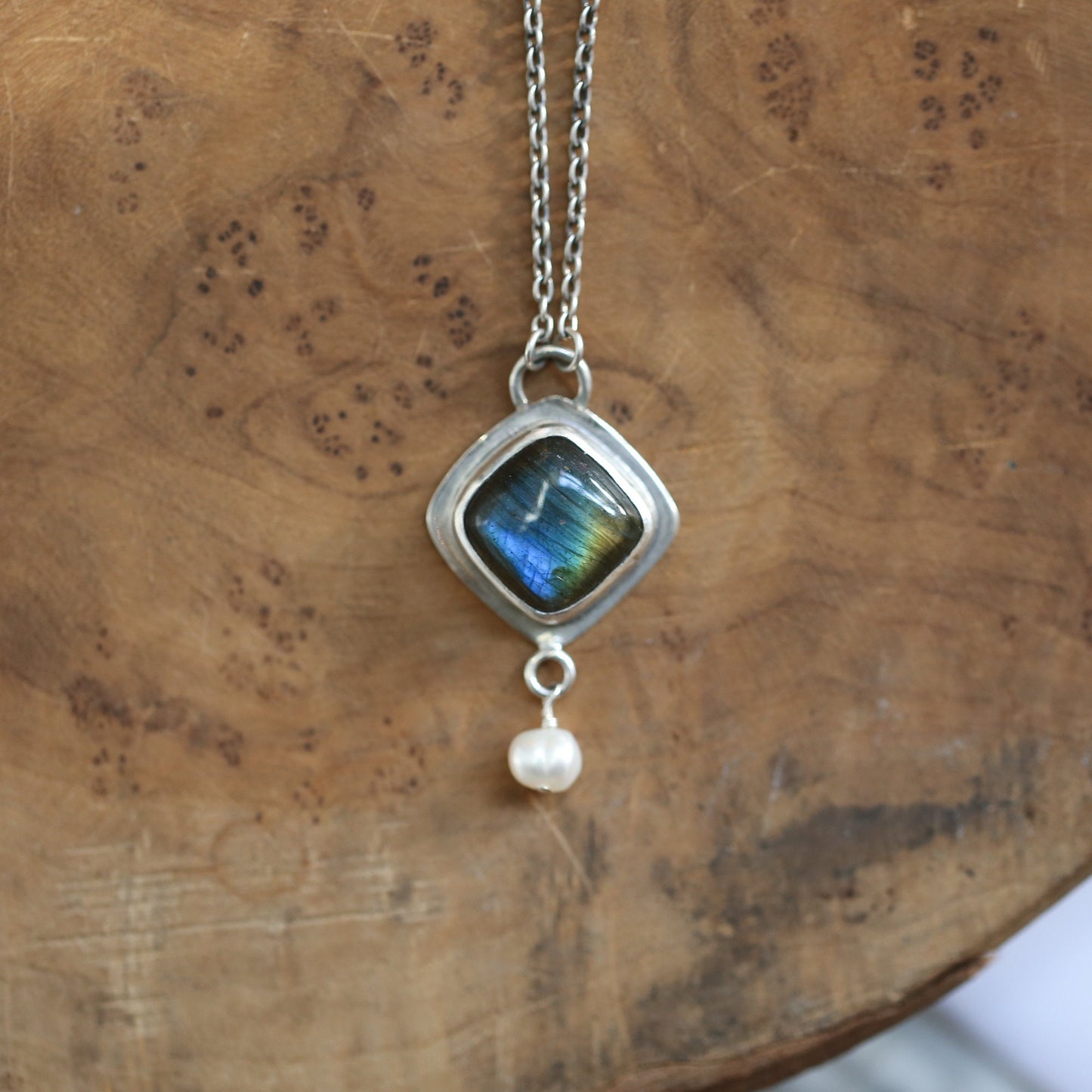 Labradorite Freshwater Pearl Necklace - Sterling Silver Chain Included
