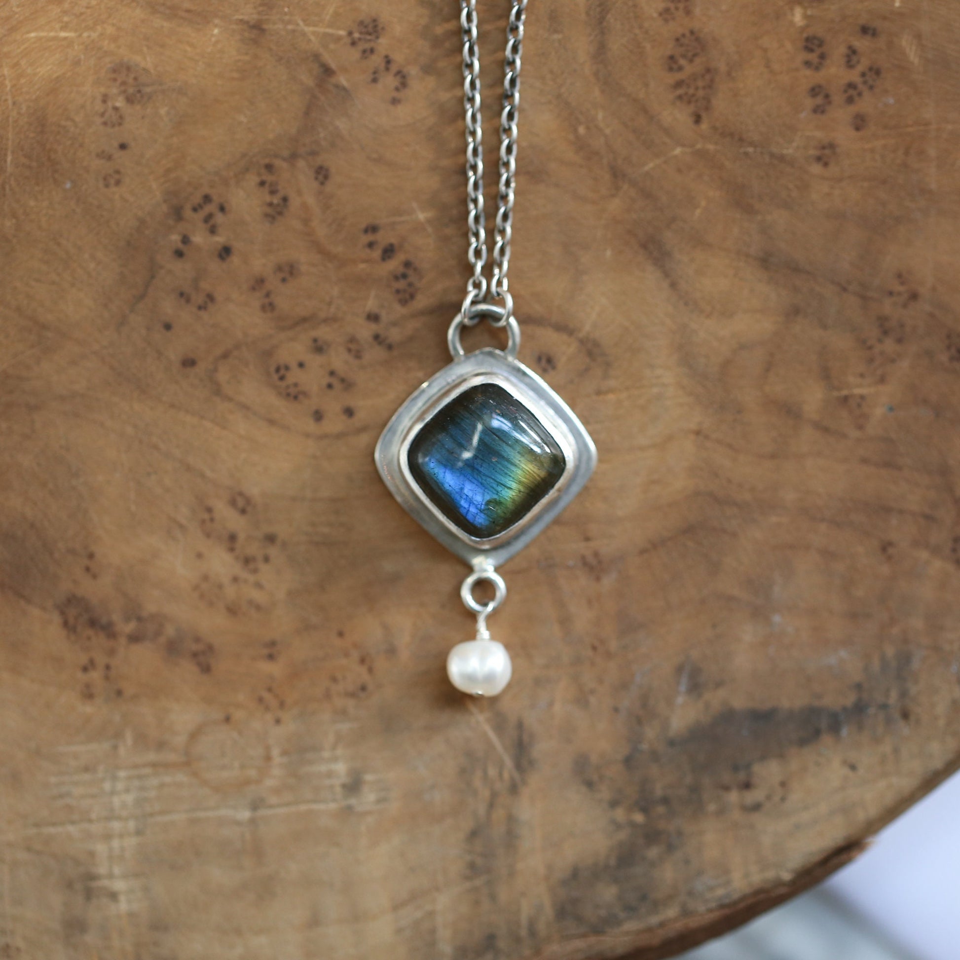 Labradorite Freshwater Pearl Necklace - Sterling Silver Chain Included