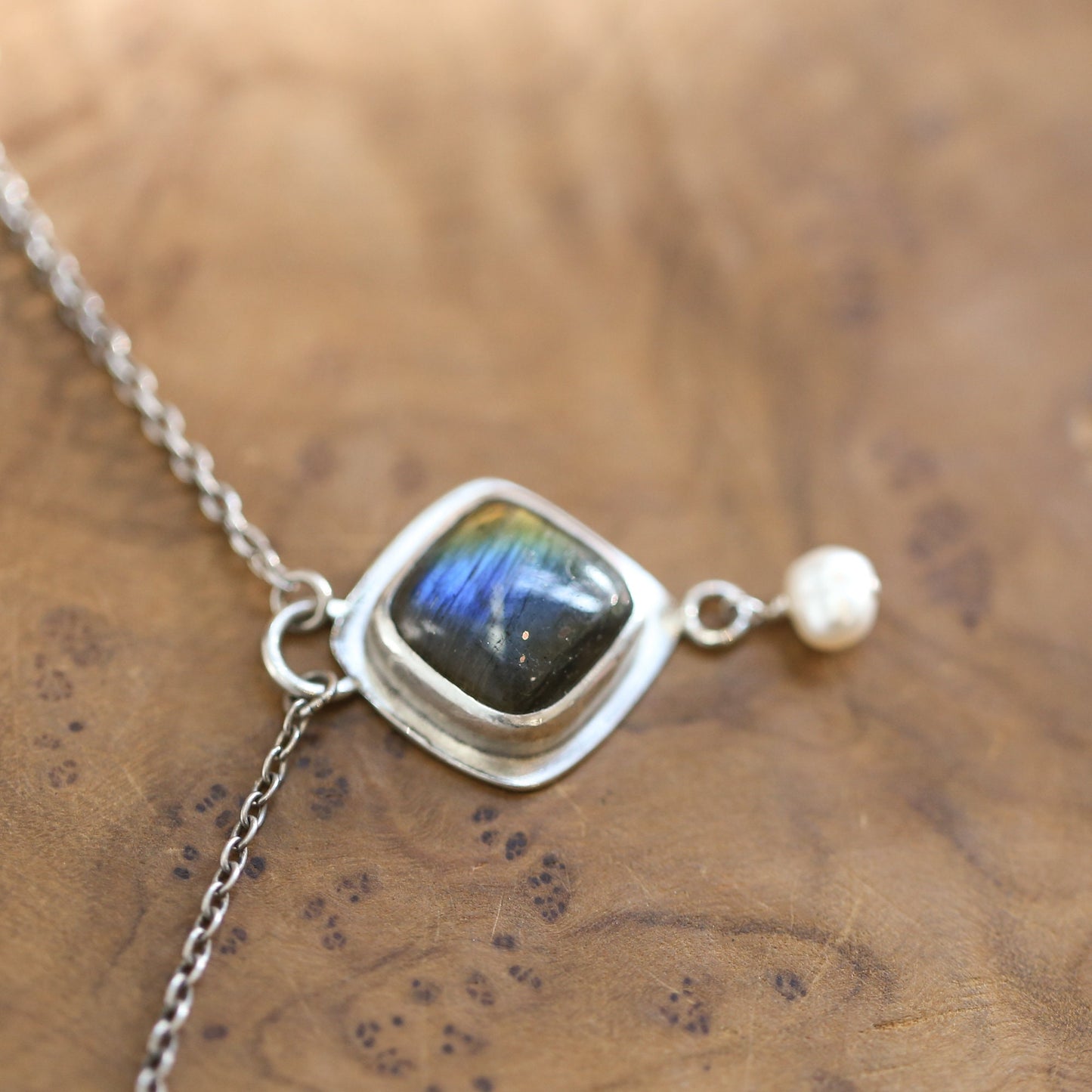Labradorite Freshwater Pearl Necklace - Sterling Silver Chain Included