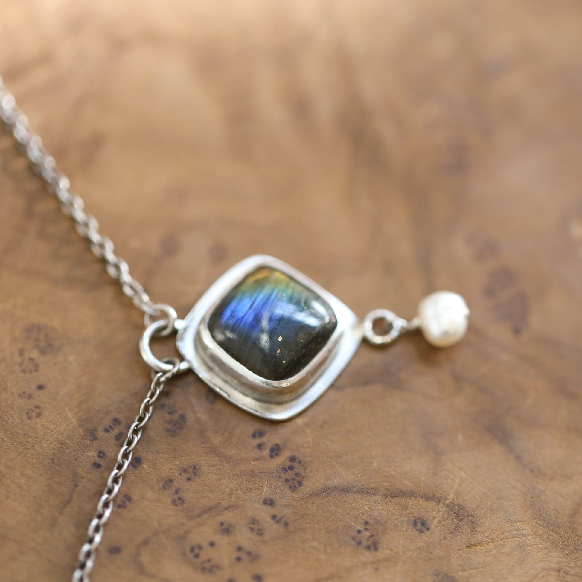 Labradorite Freshwater Pearl Necklace - Sterling Silver Chain Included