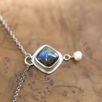 Labradorite Freshwater Pearl Necklace - Sterling Silver Chain Included