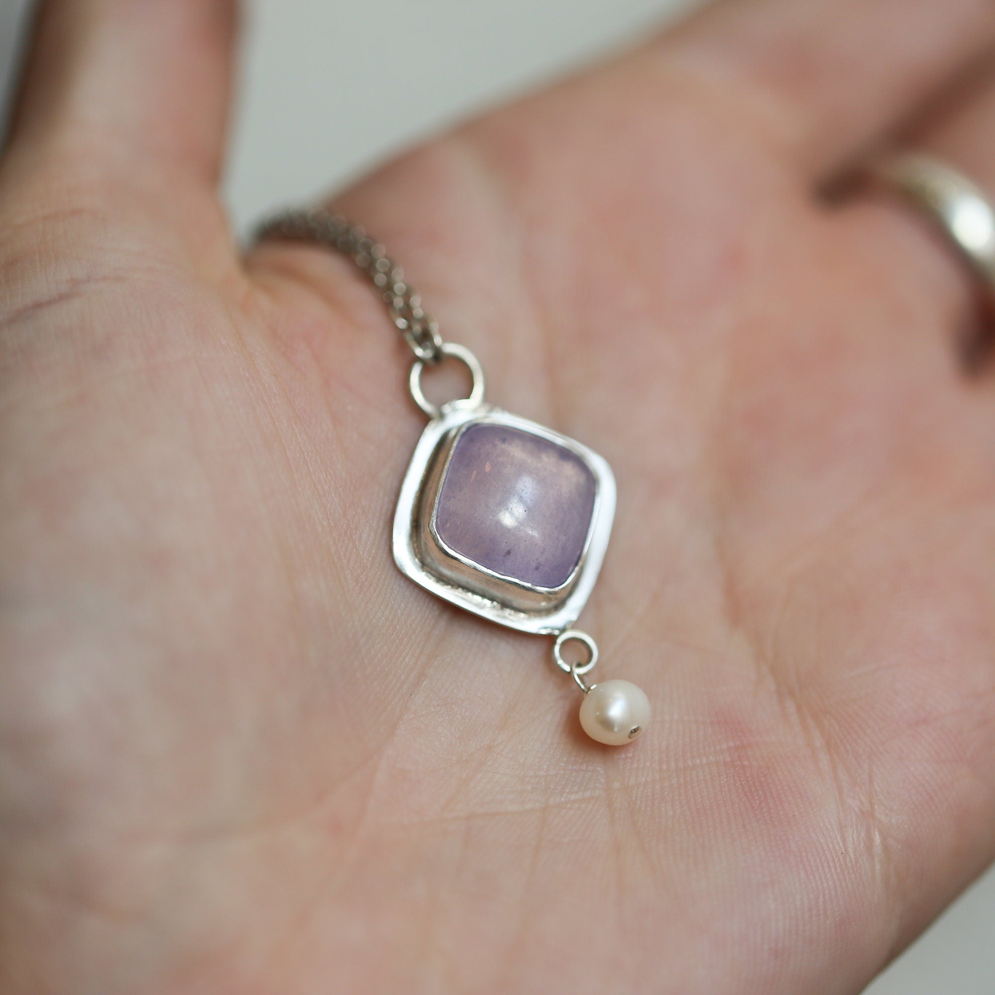 Purple Chalcedony Pendant - Freshwater Pearl Drop - Chalcedony Dyna Necklace - .925 Sterling Silver