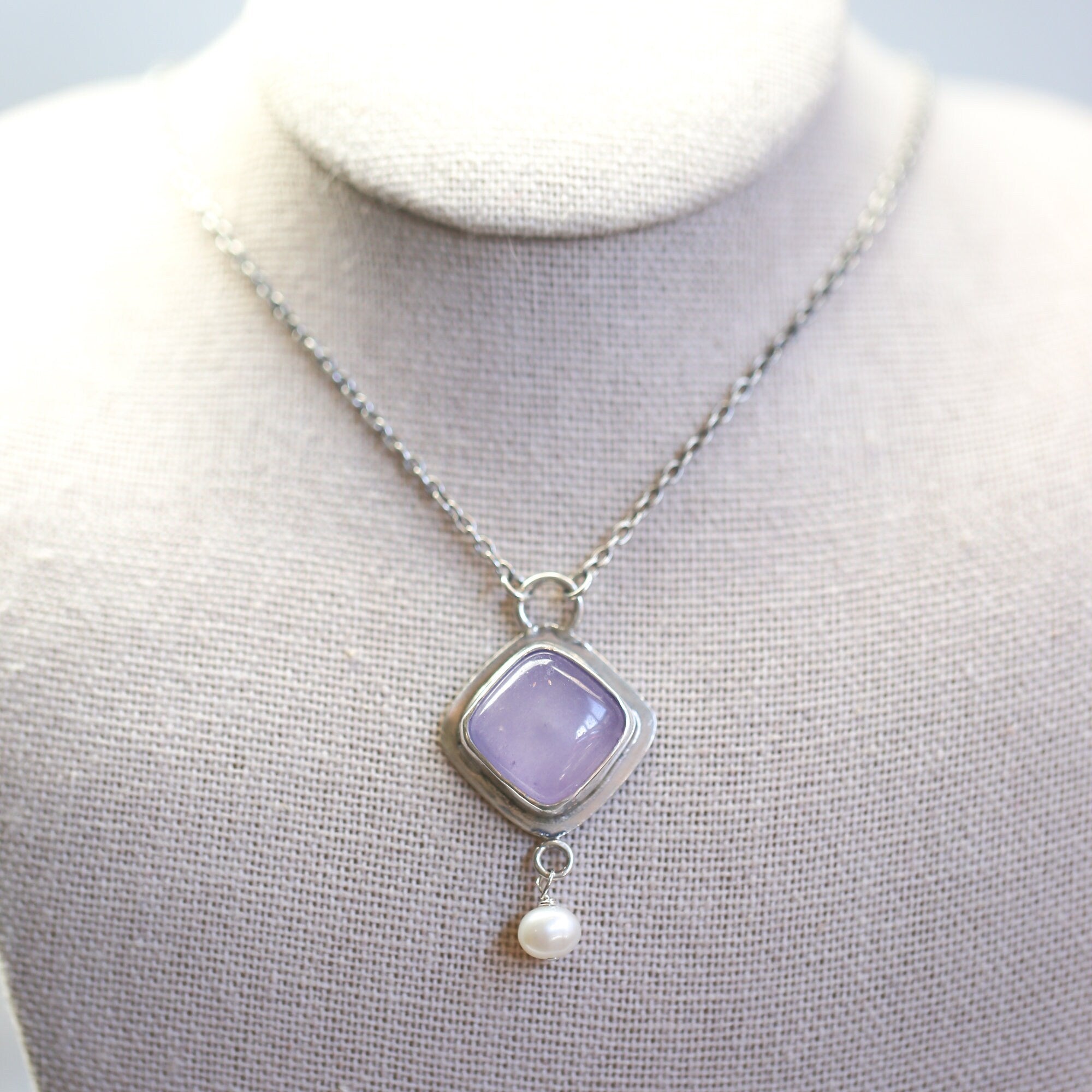 Purple Chalcedony Pendant - Freshwater Pearl Drop - Chalcedony Dyna Necklace - .925 Sterling Silver