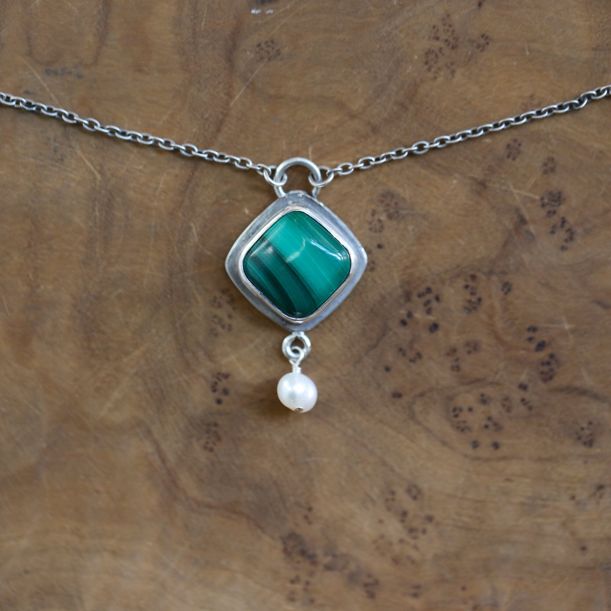 Malachite Freshwater Pearl Necklace - Malachite Dyna Pendant - .925 Sterling Silver - Malachite Charm
