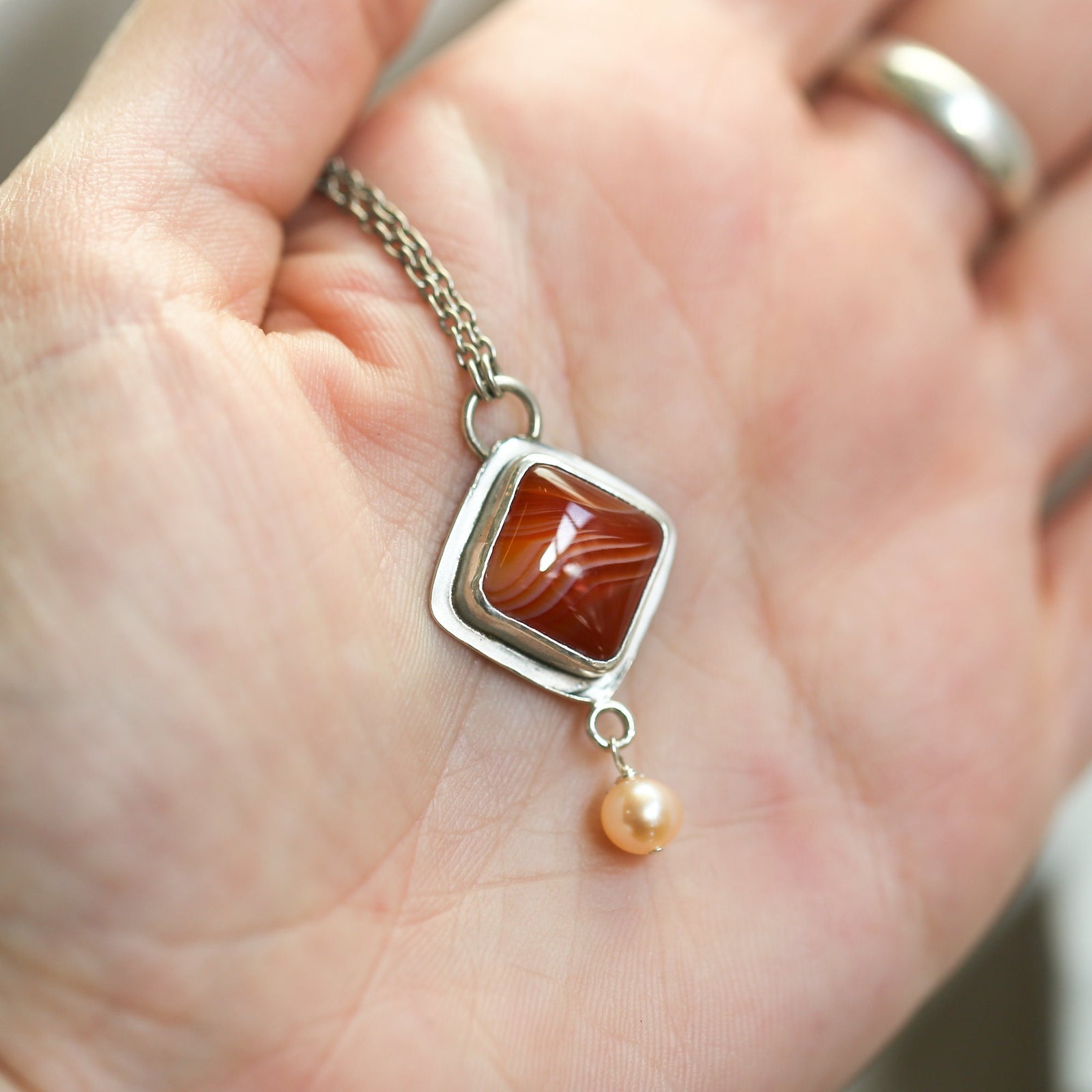 Red Agate Necklace with Pearl - Sterling Silver