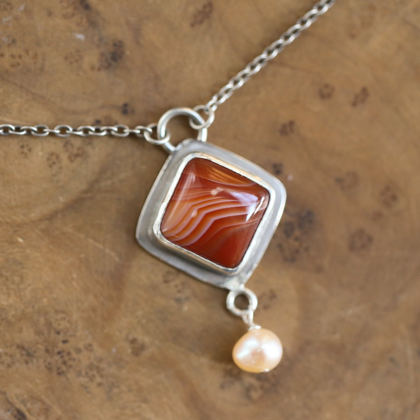 Red Agate Necklace with Pearl - Sterling Silver