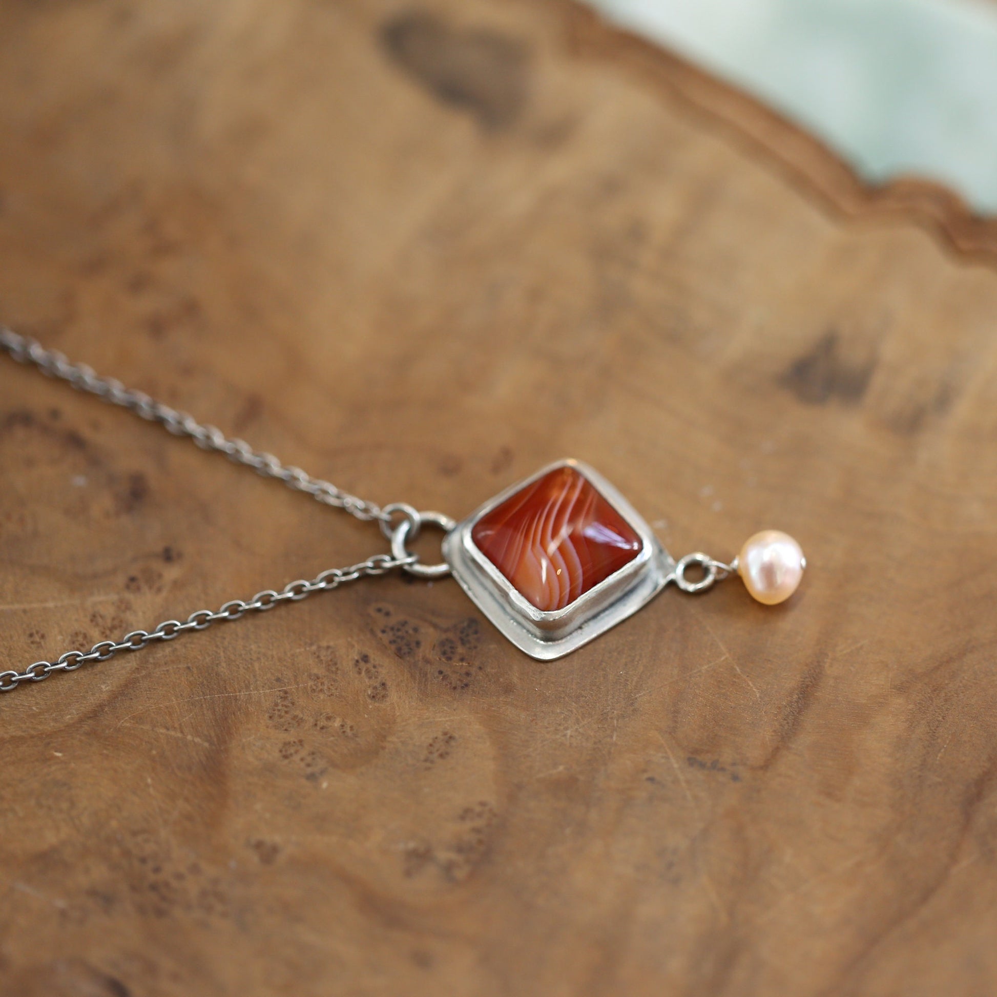 Red Agate Necklace with Pearl - Sterling Silver