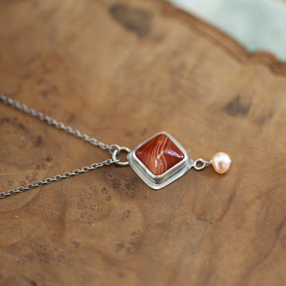 Red Agate Necklace with Pearl - Sterling Silver