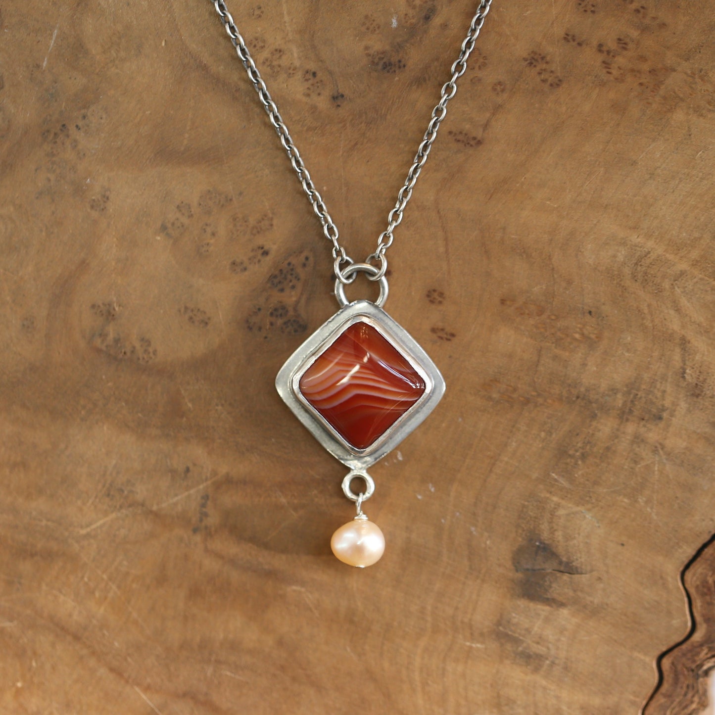 Red Agate Necklace with Pearl - Sterling Silver