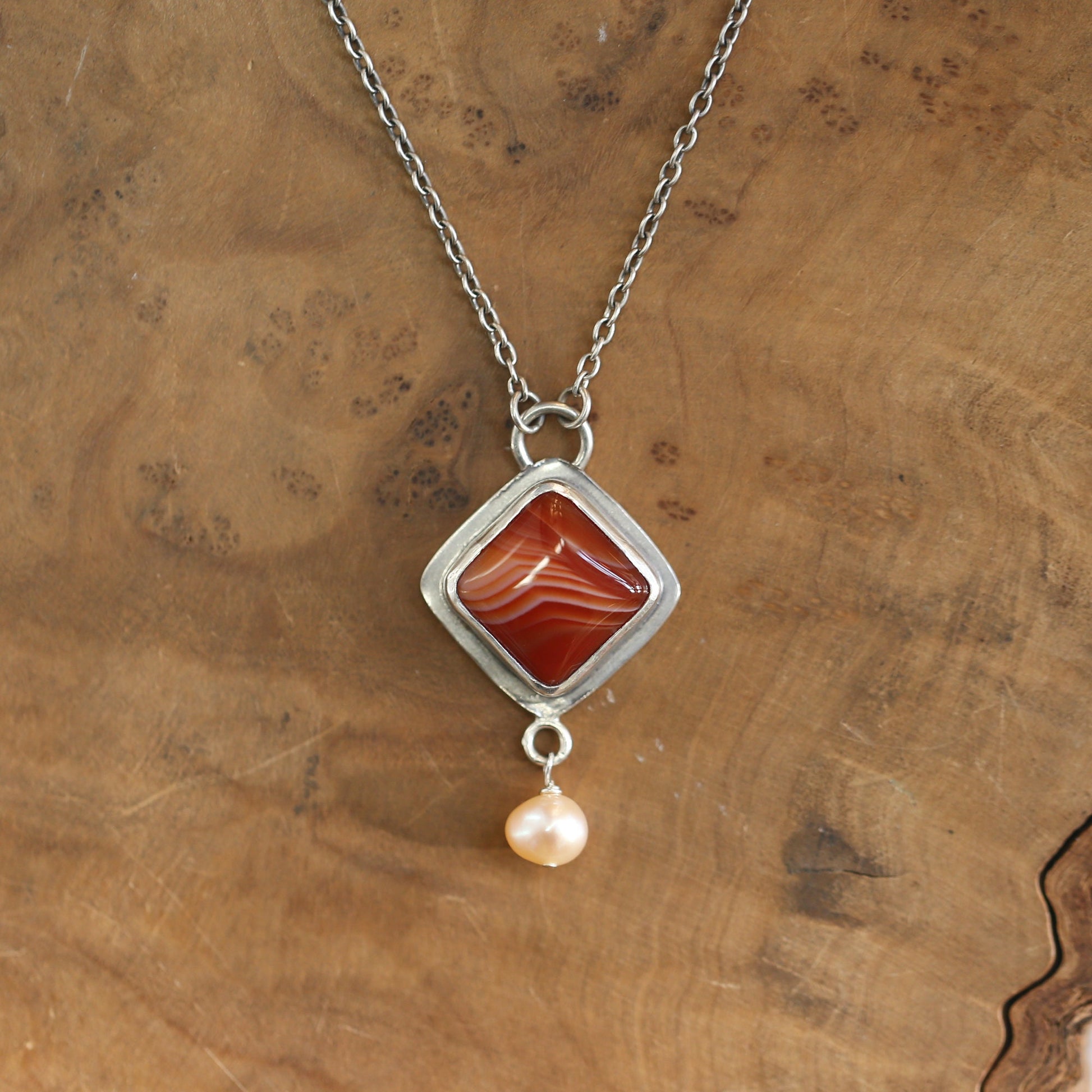 Red Agate Necklace with Pearl - Sterling Silver