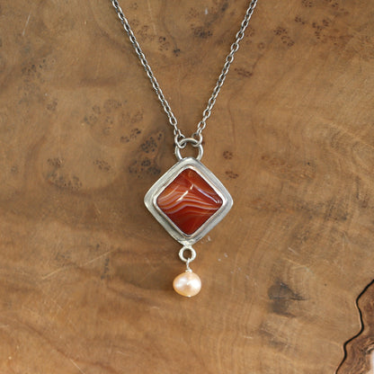 Red Agate Necklace with Pearl - Sterling Silver