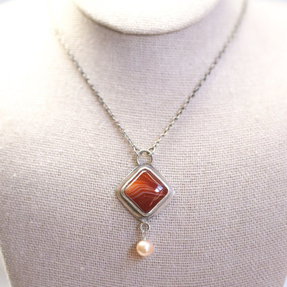 Red Agate Necklace with Pearl - Sterling Silver