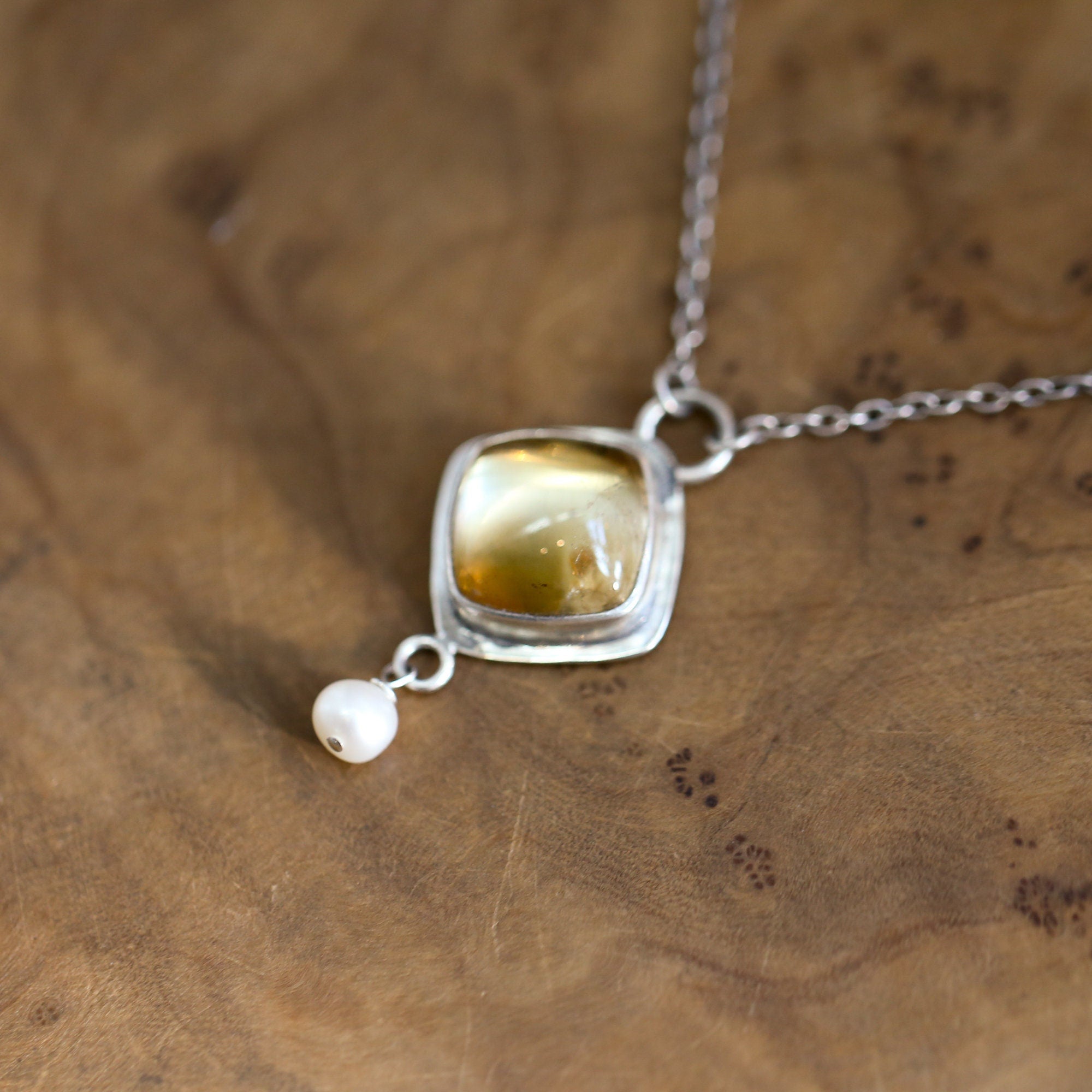Citrine Necklace - .925 Sterling Silver - Citrine Pendant - Freshwater Pearl - Sterling Silver