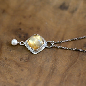 Citrine Necklace - .925 Sterling Silver - Citrine Pendant - Freshwater Pearl - Sterling Silver