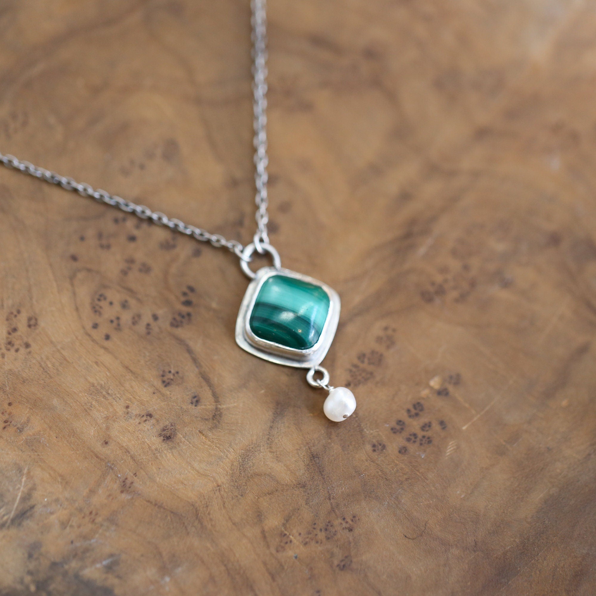 Malachite Freshwater Pearl Necklace - Malachite Dyna Pendant - .925 Sterling Silver - Malachite Charm