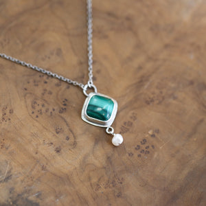 Malachite Freshwater Pearl Necklace - Malachite Dyna Pendant - .925 Sterling Silver - Malachite Charm