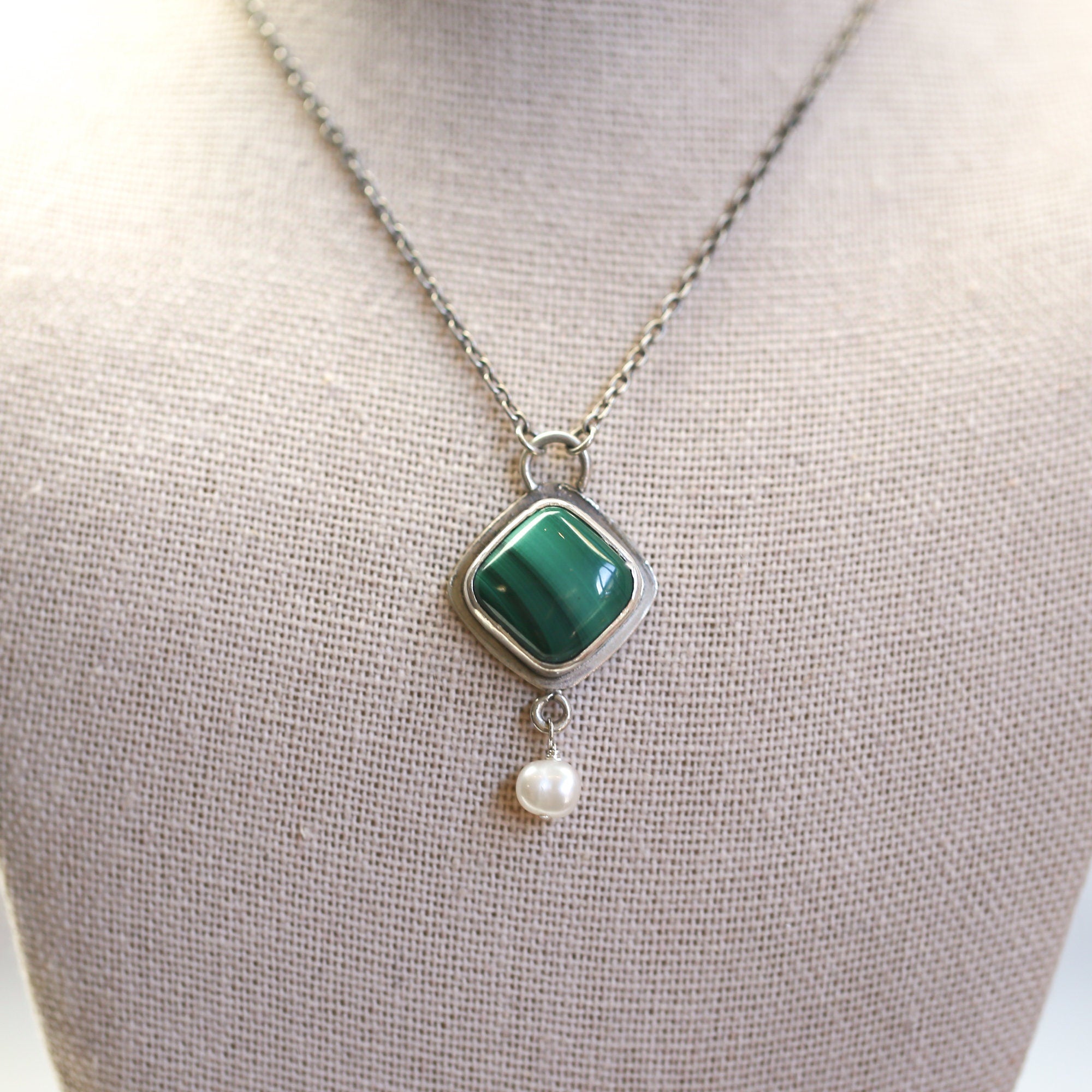 Malachite Freshwater Pearl Necklace - Malachite Dyna Pendant - .925 Sterling Silver - Malachite Charm