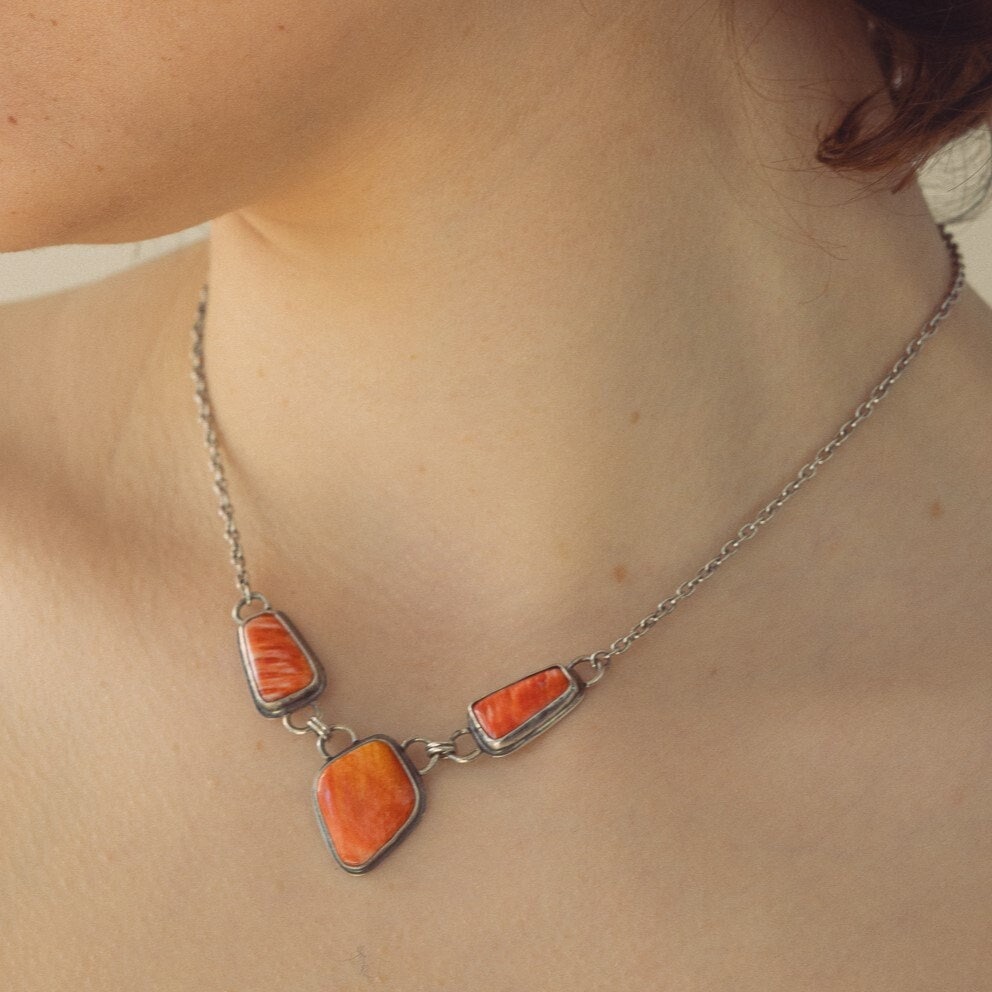 Spiny Oyster Shell 3 Stone Necklace - One Of A Kind - .925 Sterling Silver