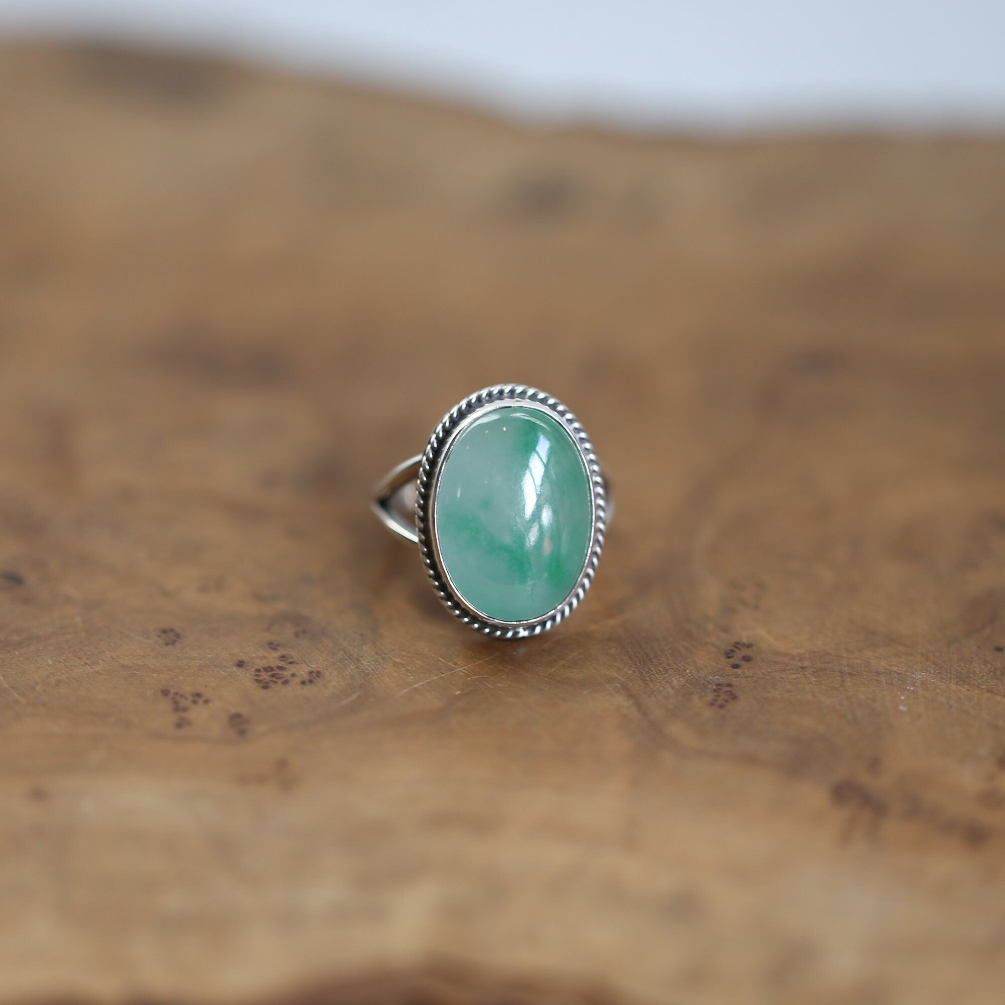 Green Jade Boho Ring - Natural Burma Jade - .925 Sterling Silver - Boho Style Ring