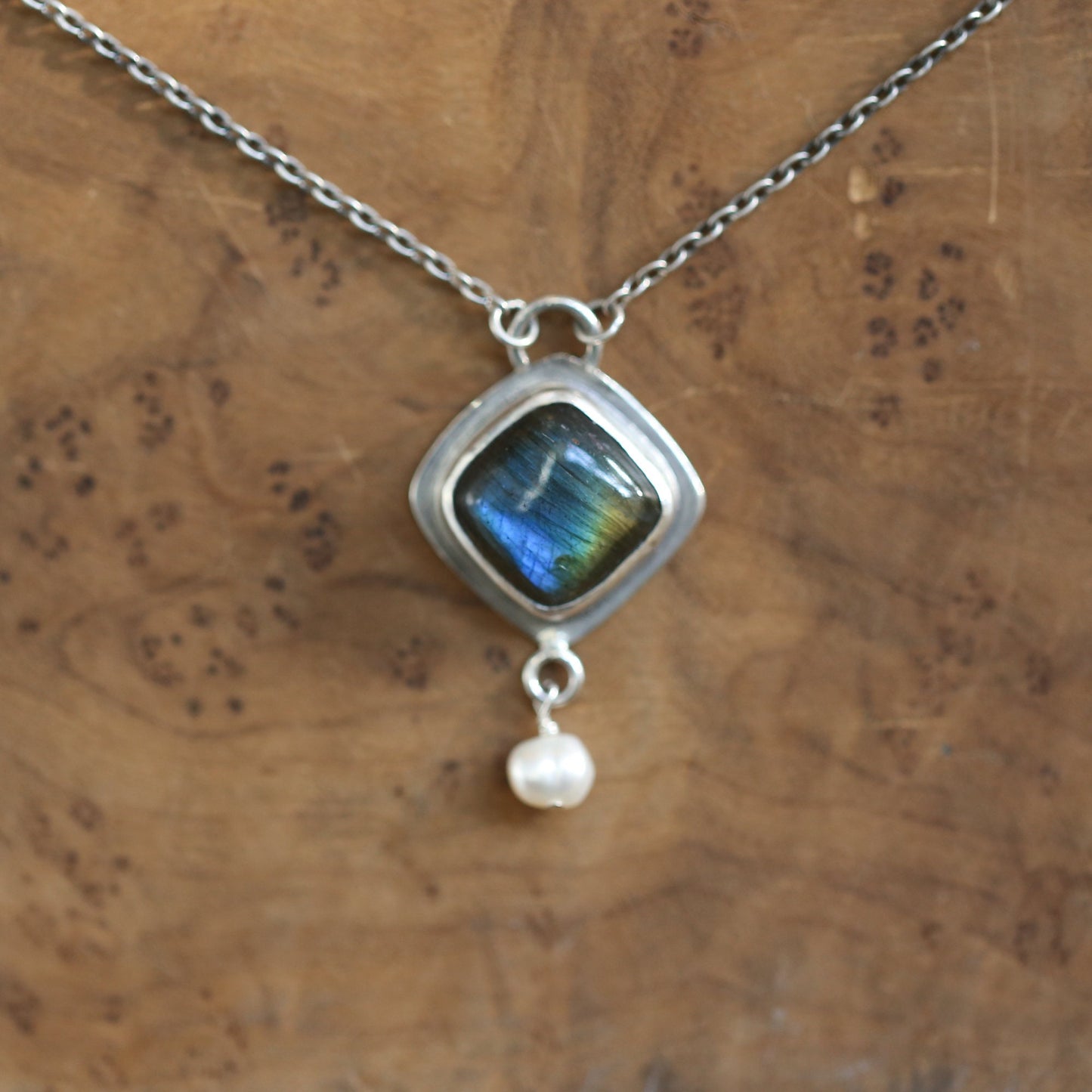 Labradorite Freshwater Pearl Necklace - Sterling Silver Chain Included