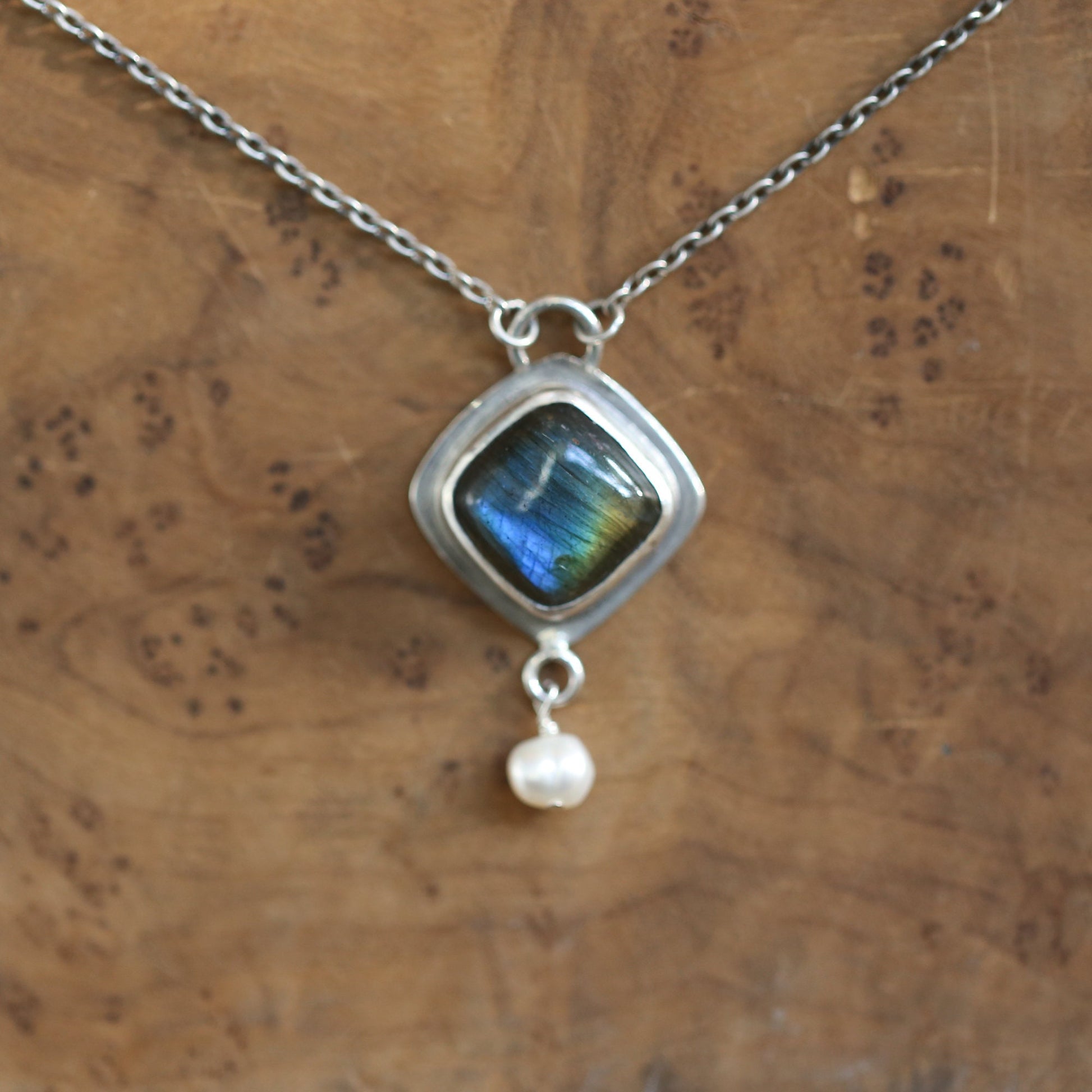 Labradorite Freshwater Pearl Necklace - Sterling Silver Chain Included