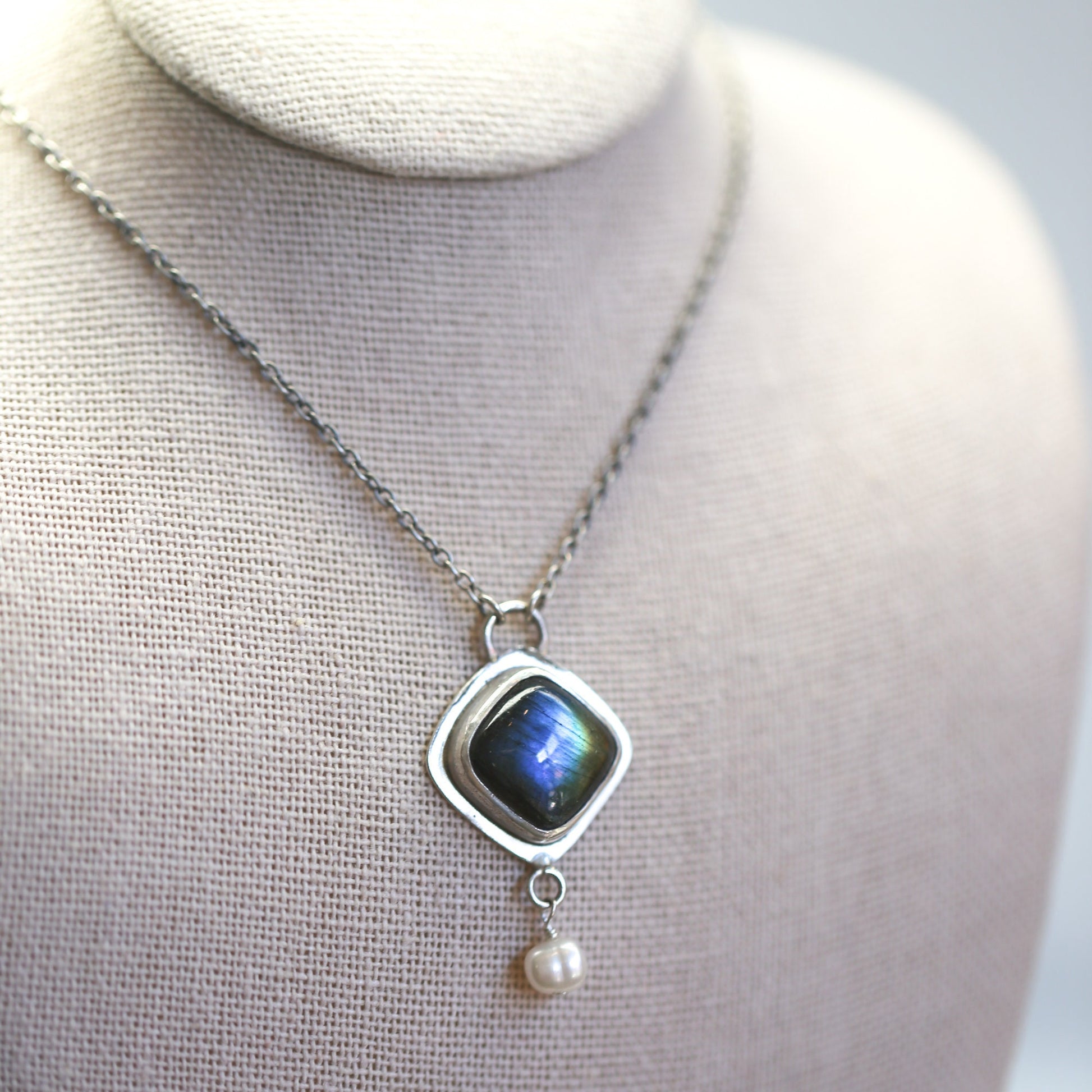 Labradorite Freshwater Pearl Necklace - Sterling Silver Chain Included
