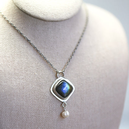 Labradorite Freshwater Pearl Necklace - Sterling Silver Chain Included