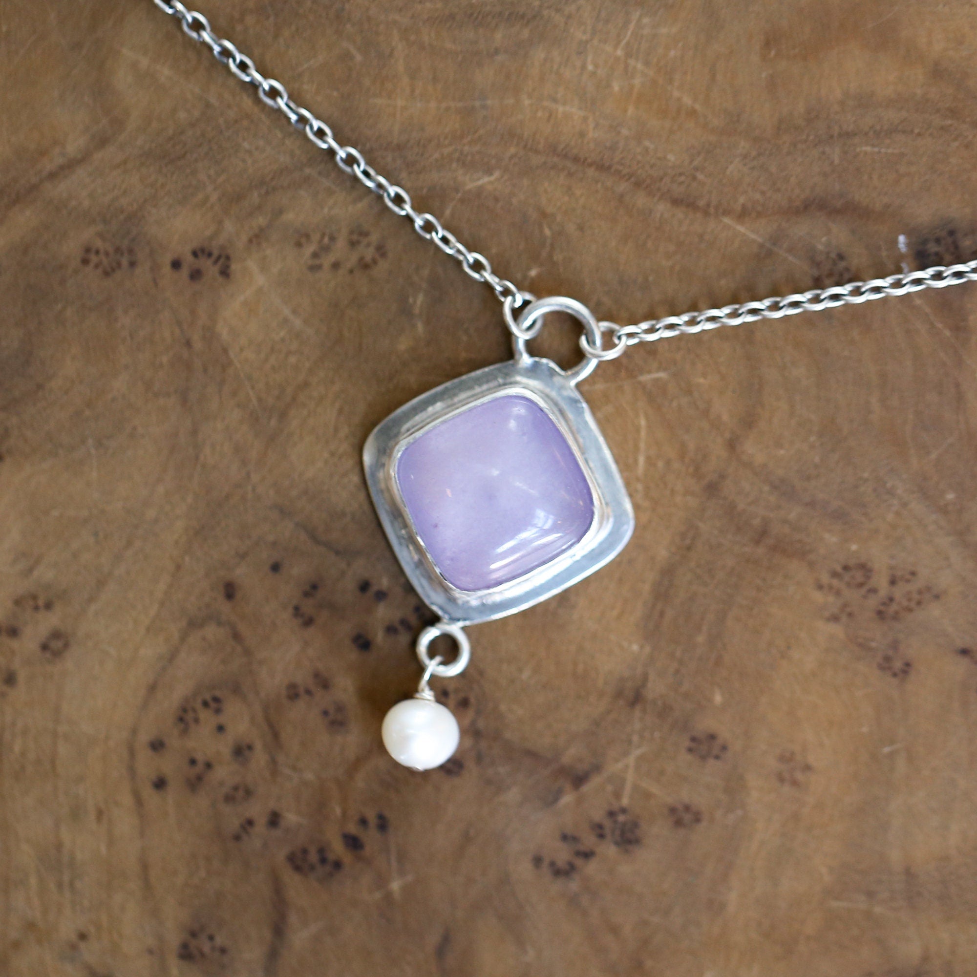 Purple Chalcedony Pendant - Freshwater Pearl Drop - Chalcedony Dyna Necklace - .925 Sterling Silver