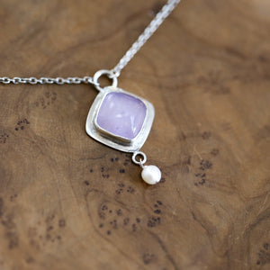 Purple Chalcedony Pendant - Freshwater Pearl Drop - Chalcedony Dyna Necklace - .925 Sterling Silver