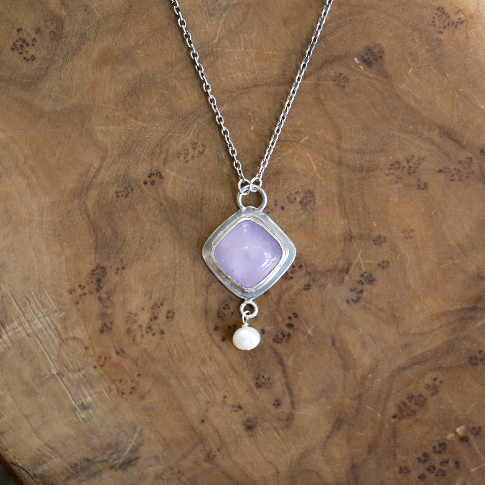 Purple Chalcedony Pendant - Freshwater Pearl Drop - Chalcedony Dyna Necklace - .925 Sterling Silver