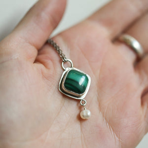 Malachite & Freshwater Pearl Necklace - Sterling Silver Dyna Pendant