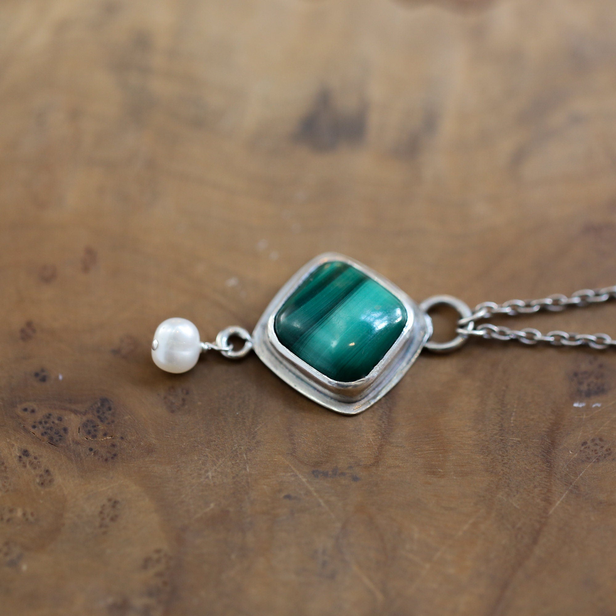 Malachite Freshwater Pearl Necklace - Malachite Dyna Pendant - .925 Sterling Silver - Malachite Charm