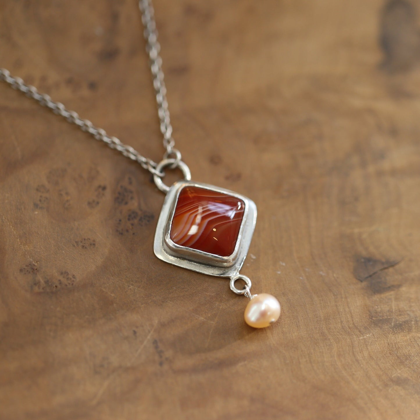 Red Agate Necklace with Pearl - Sterling Silver