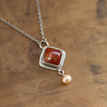 Red Agate Necklace with Pearl - Sterling Silver