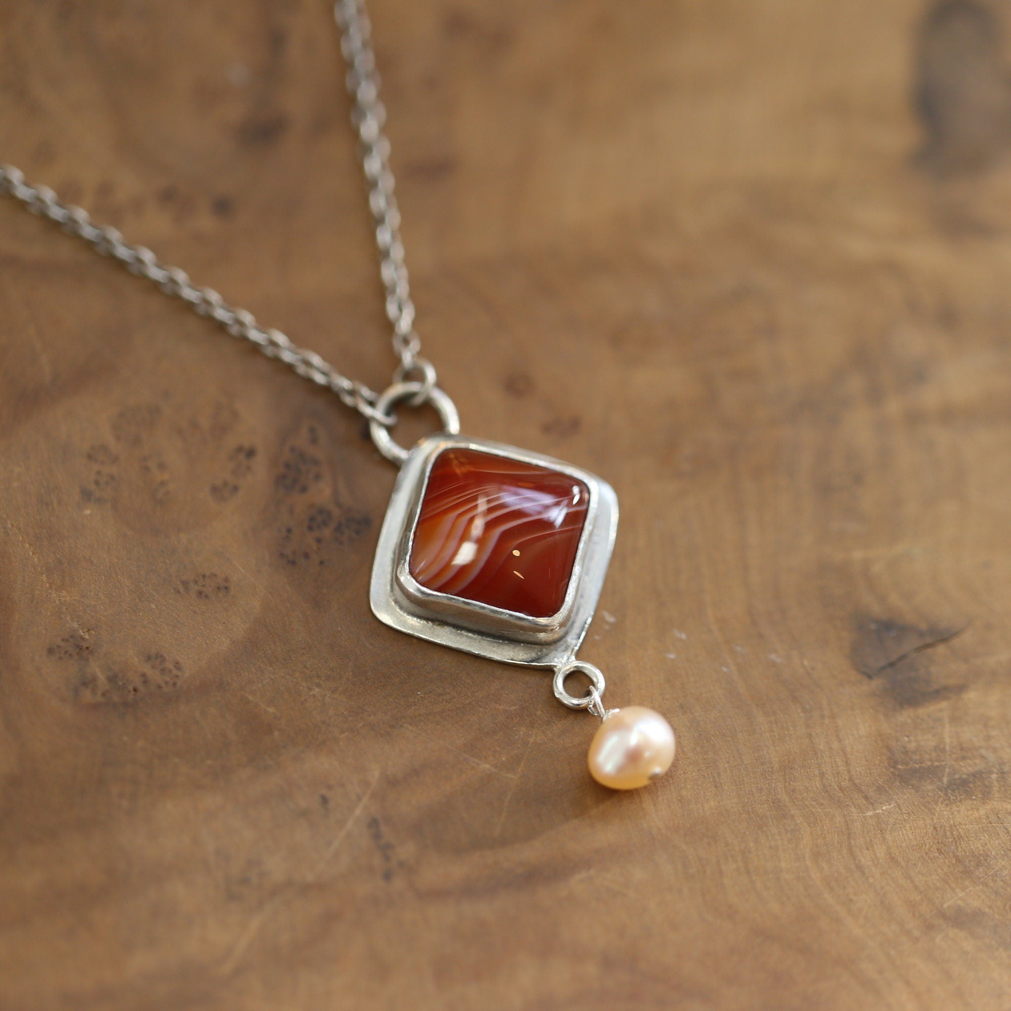Red Agate Dyna Necklace - Red Agate Pendant with Pearl - Ready to Ship - Sterling Silver