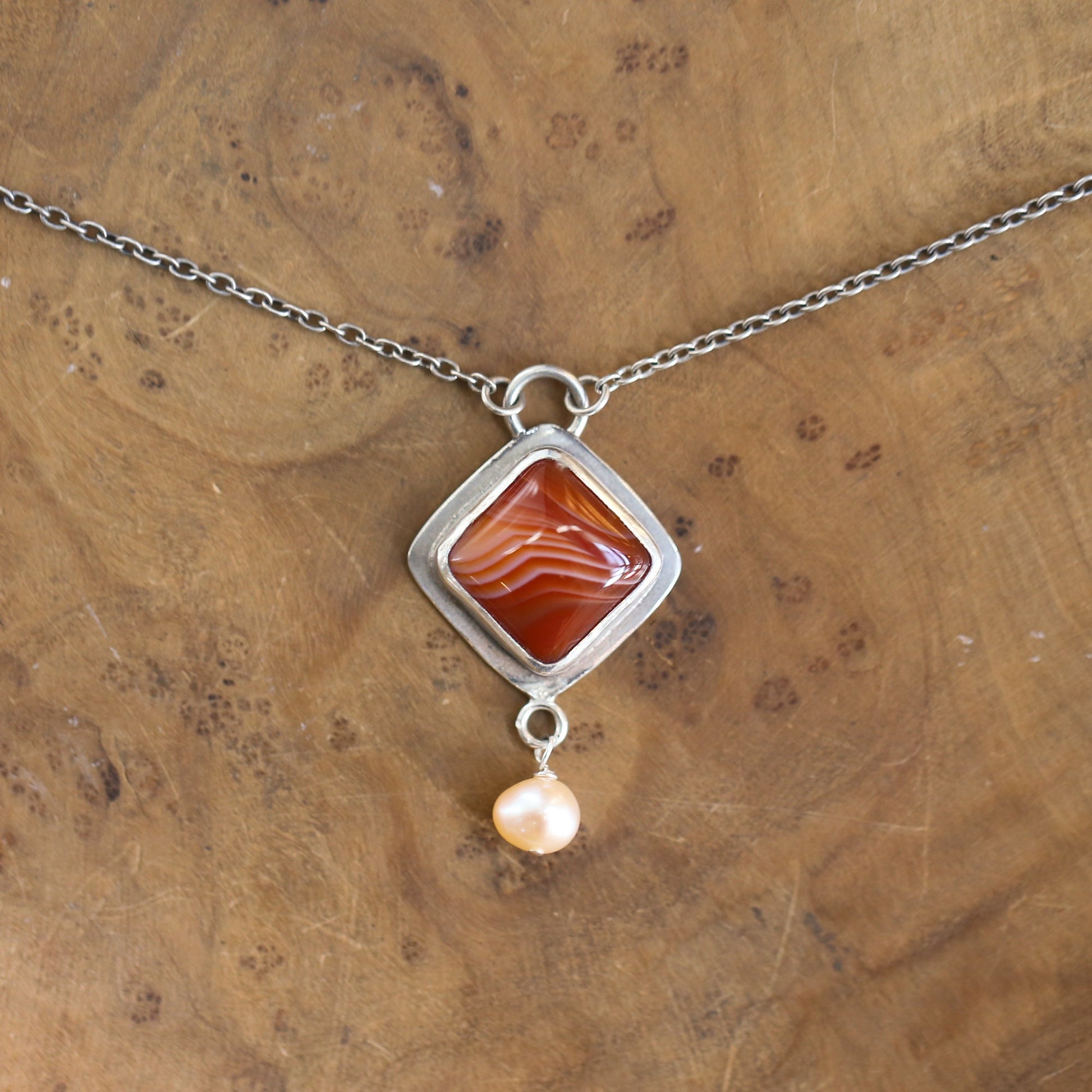 Red Agate Necklace with Pearl - Sterling Silver
