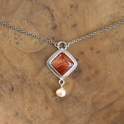 Red Agate Necklace with Pearl - Sterling Silver