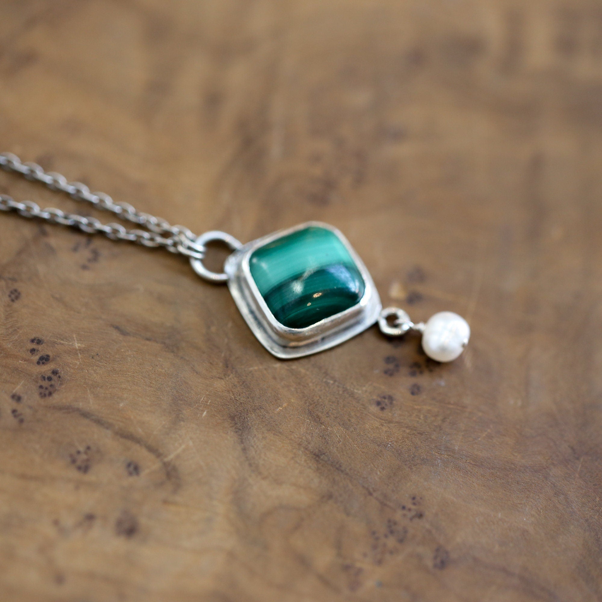 Malachite Freshwater Pearl Necklace - Malachite Dyna Pendant - .925 Sterling Silver - Malachite Charm