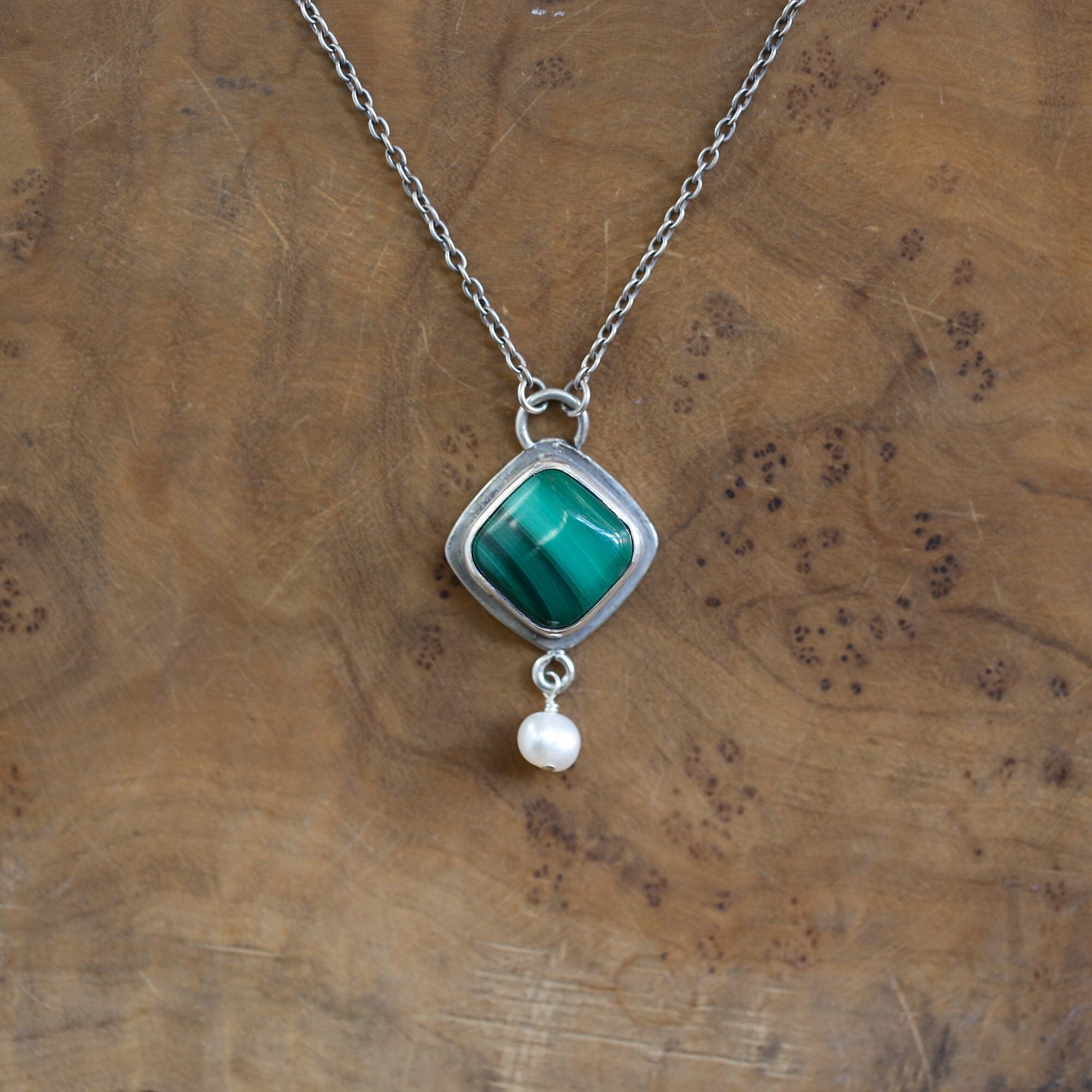 Malachite Freshwater Pearl Necklace - Malachite Dyna Pendant - .925 Sterling Silver - Malachite Charm
