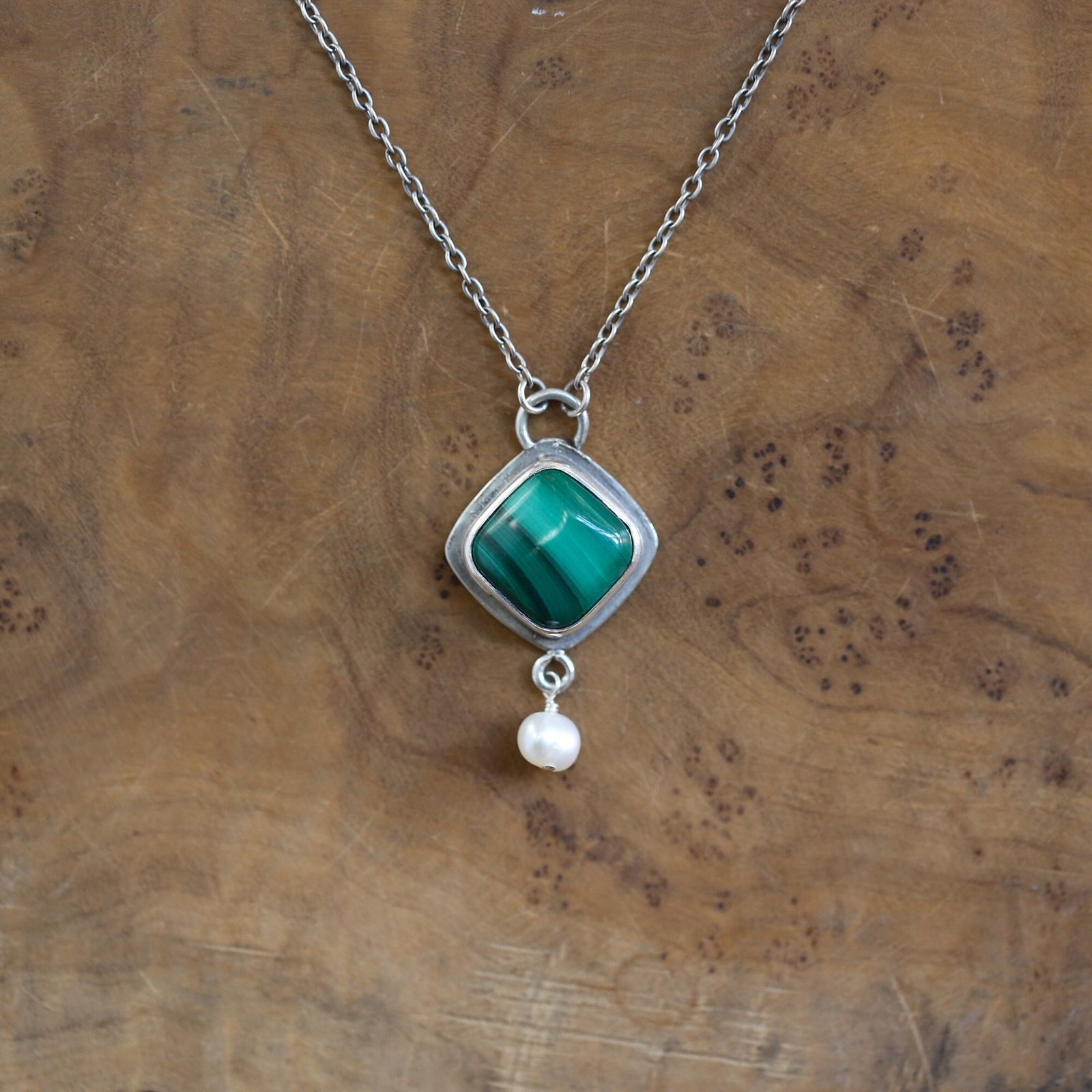 Malachite & Freshwater Pearl Necklace - Sterling Silver Dyna Pendant