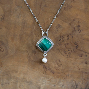 Malachite & Freshwater Pearl Necklace - Sterling Silver Dyna Pendant