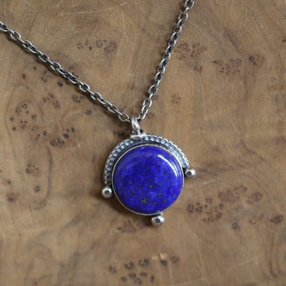 Lapis Lazuli Necklace, Sterling Silver Pendant, Round Gemstone Jewelry